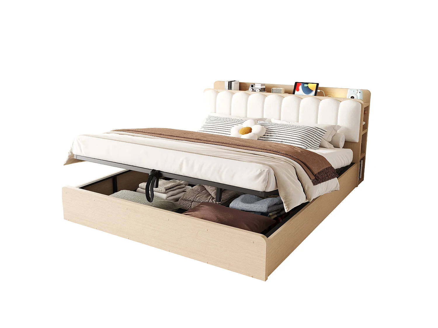 Lit coffre 180 x 200 cm avec tête de lit, étagère, ports USB et veilleuse - Bois + MDF + Velours - Bois naturel (Sans matelas)