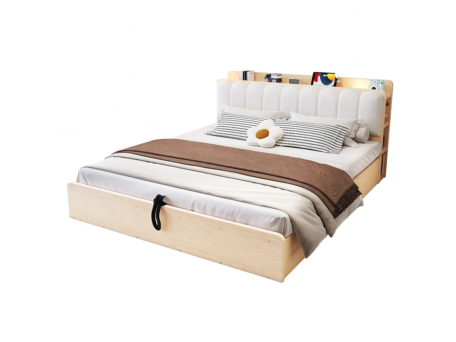 Lit coffre 180 x 200 cm avec tête de lit, étagère, ports USB et veilleuse - Bois + MDF + Velours - Bois naturel (Sans matelas)