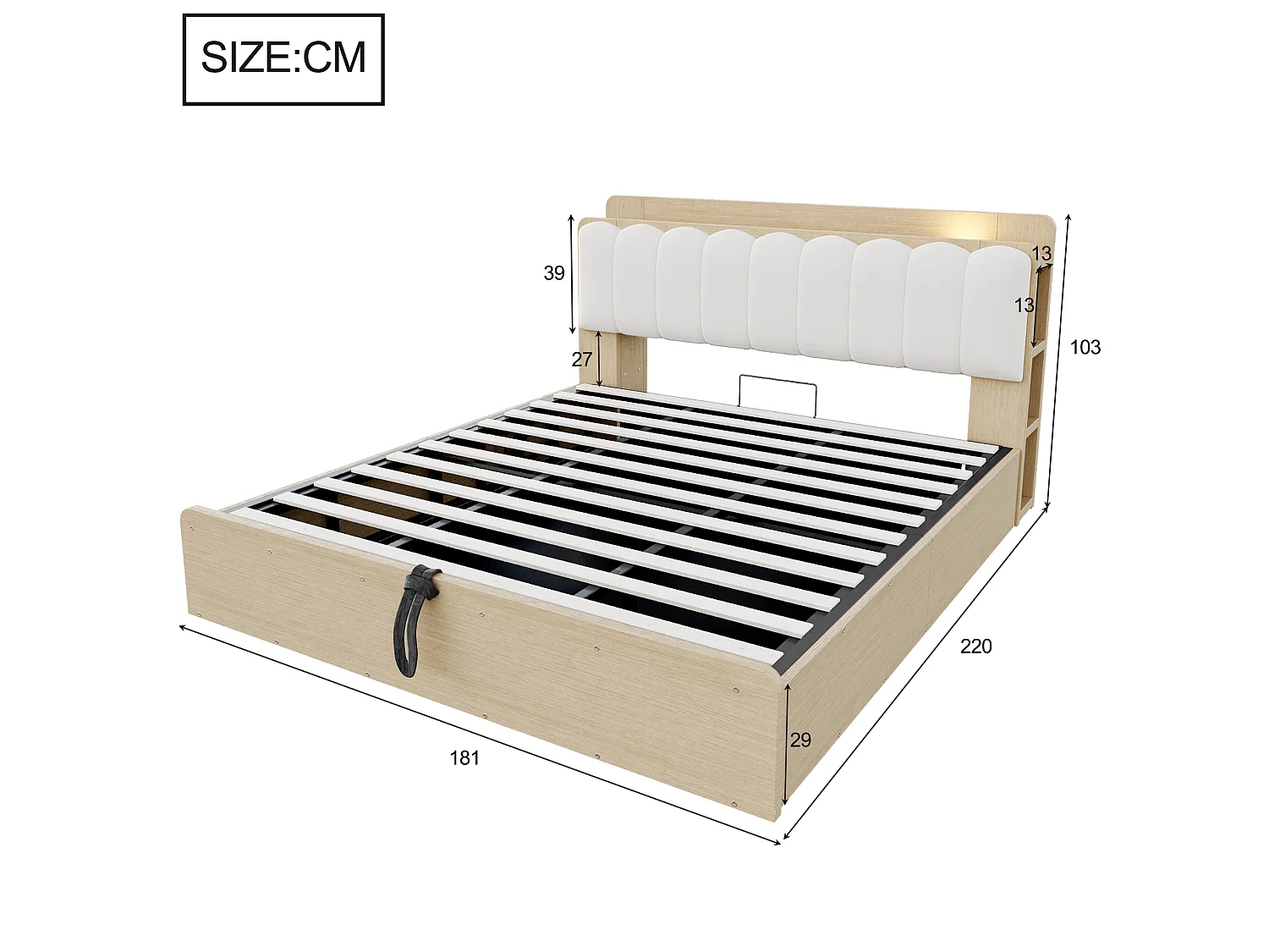 Lit coffre 180 x 200 cm avec tête de lit, étagère, ports USB et veilleuse - Bois + MDF + Velours - Bois naturel (Sans matelas)