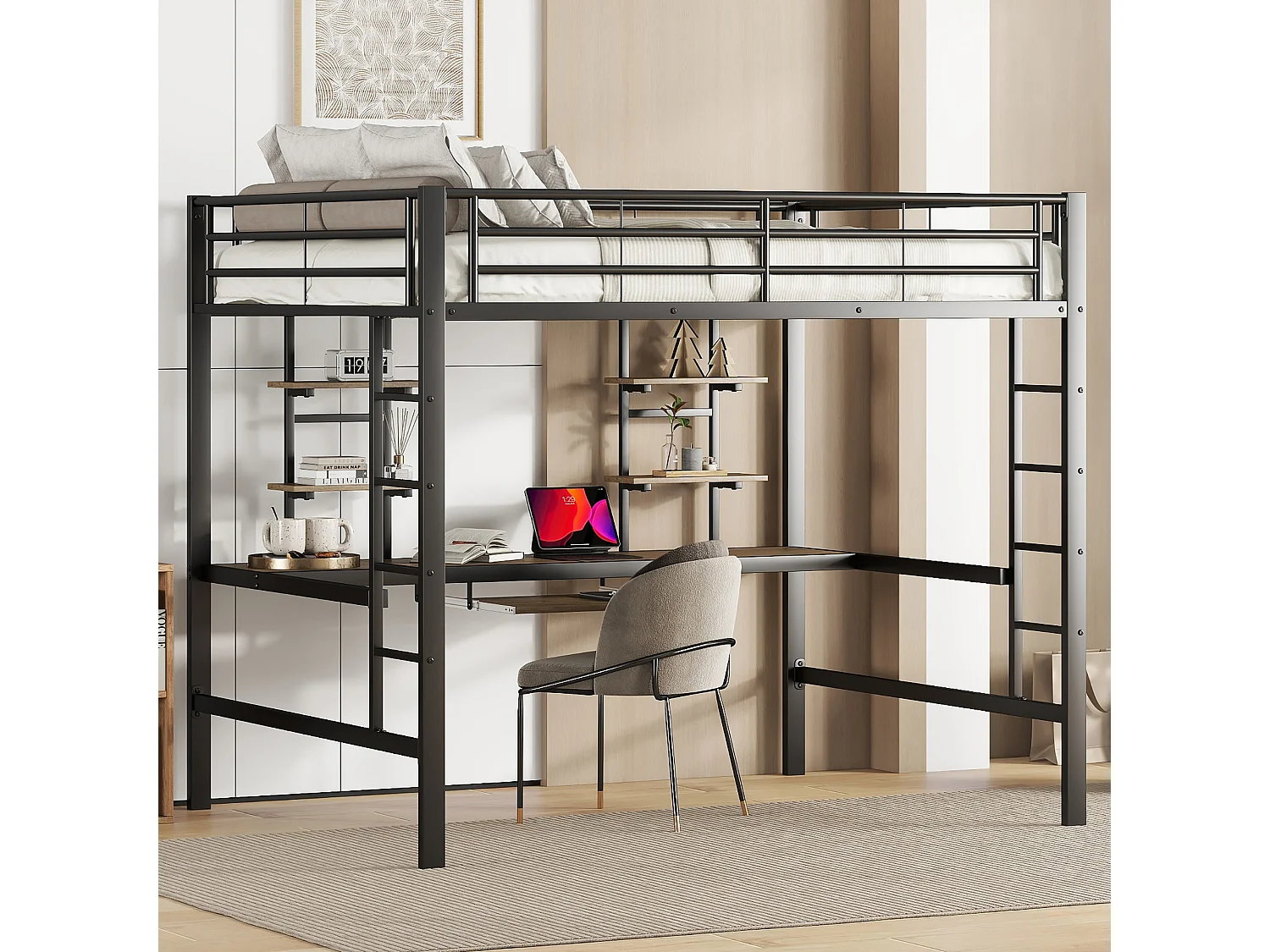 Lit mezzanine 140 x 200 cm avec bureau et 2 étagères de rangement - Métal - Noir (Sans matelas)