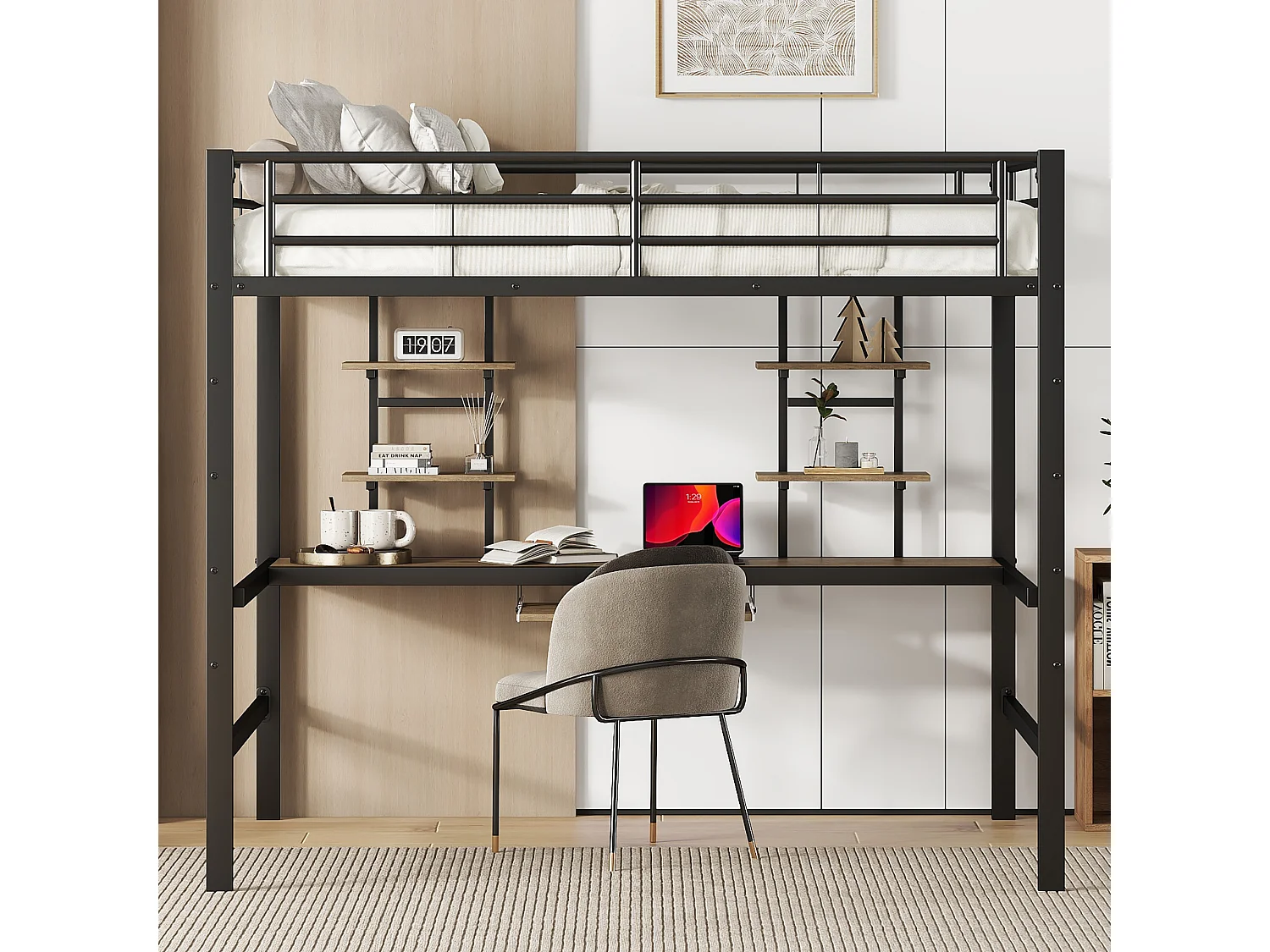 Lit mezzanine 140 x 200 cm avec bureau et 2 étagères de rangement - Métal - Noir (Sans matelas)
