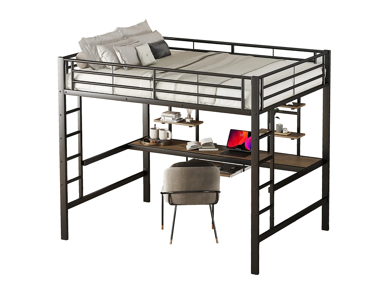 Lit mezzanine 140 x 200 cm avec bureau et 2 étagères de rangement - Métal - Noir (Sans matelas)