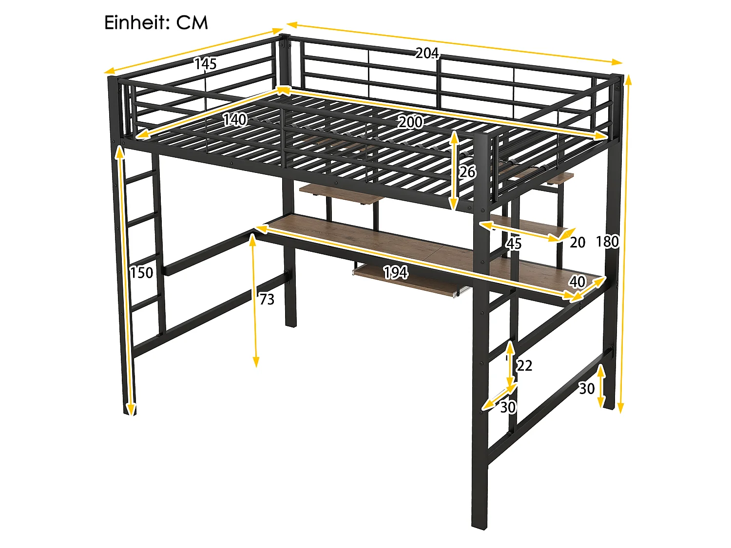 Lit mezzanine 140 x 200 cm avec bureau et 2 étagères de rangement - Métal - Noir (Sans matelas)