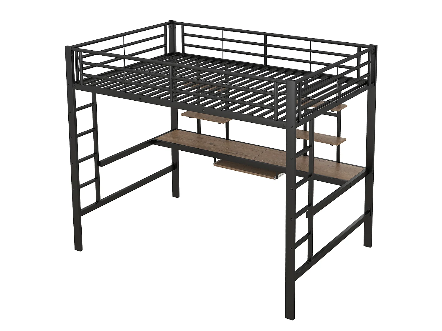 Lit mezzanine 140 x 200 cm avec bureau et 2 étagères de rangement - Métal - Noir (Sans matelas)
