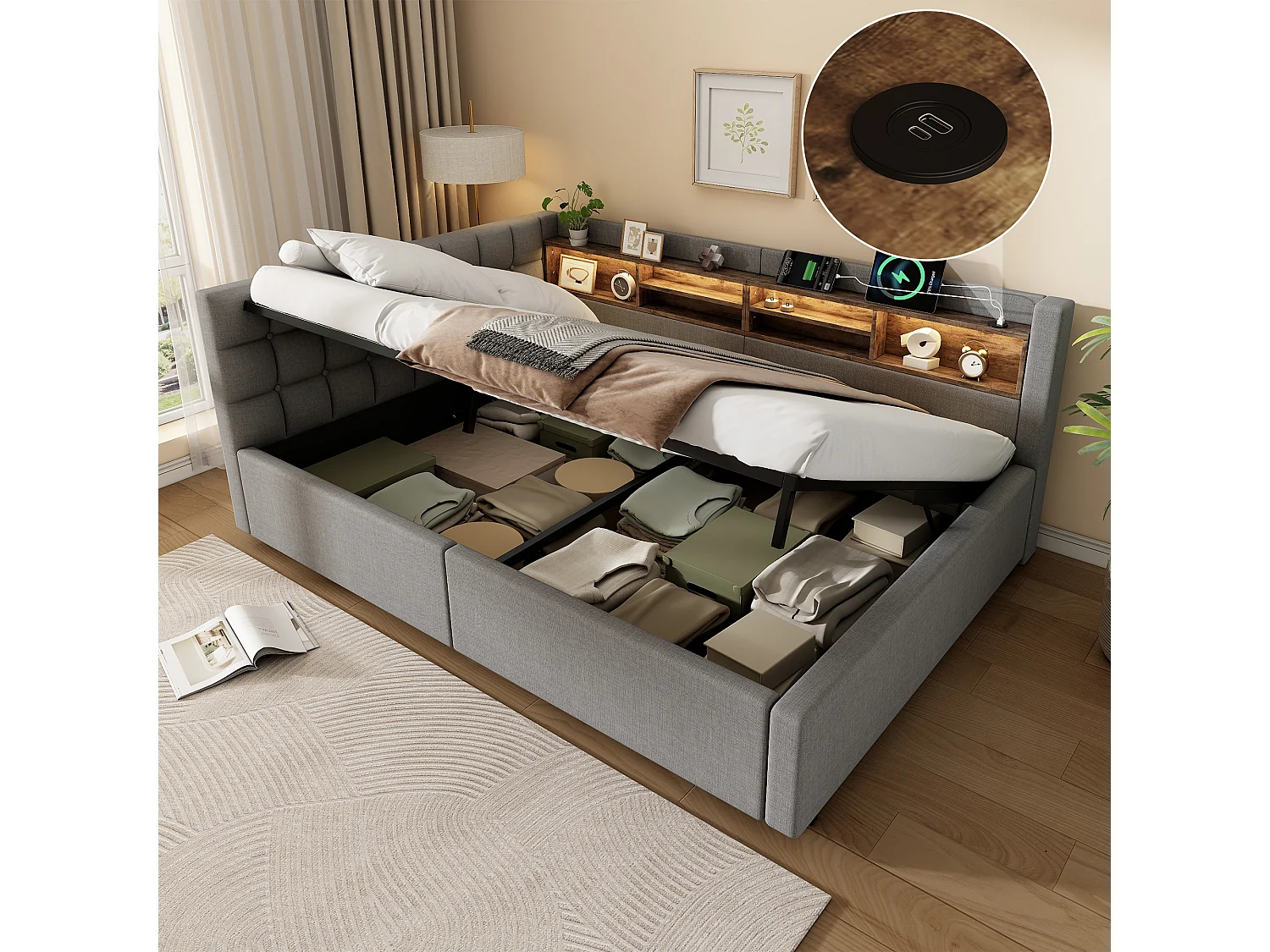 140 x 200 cm storage bed with hydraulic storage compartment, shelves, adjustable LED lighting and USB port - Linen - Grey (Mattress not included)