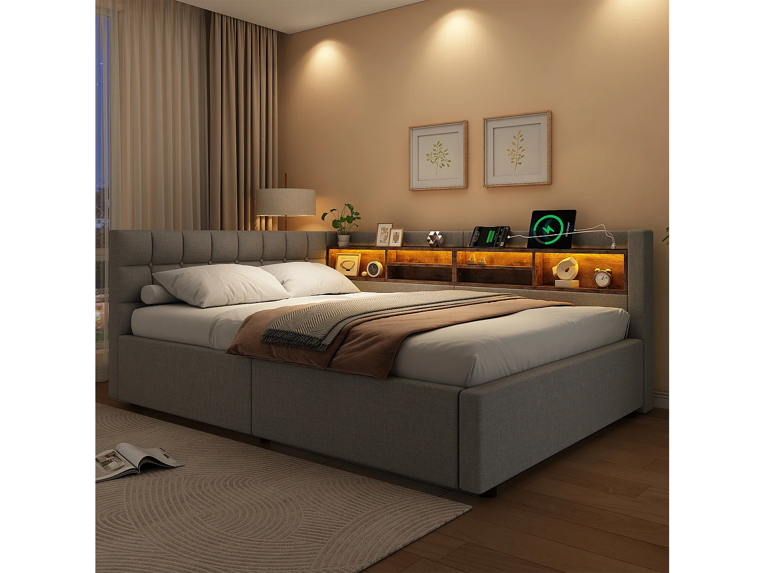 140 x 200 cm storage bed with hydraulic storage compartment, shelves, adjustable LED lighting and USB port - Linen - Grey (Mattress not included)