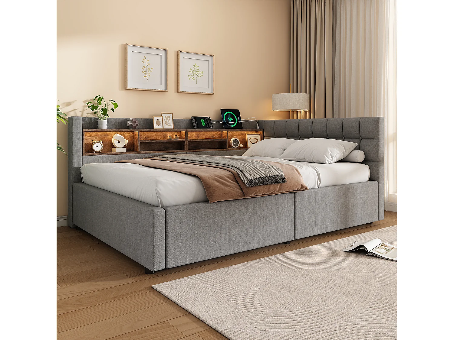 140 x 200 cm storage bed with hydraulic storage compartment, shelves, adjustable LED lighting and USB port - Linen - Grey (Mattress not included)