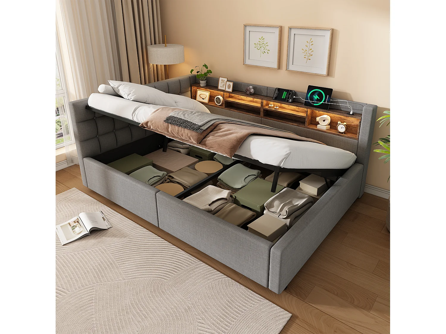 140 x 200 cm storage bed with hydraulic storage compartment, shelves, adjustable LED lighting and USB port - Linen - Grey (Mattress not included)