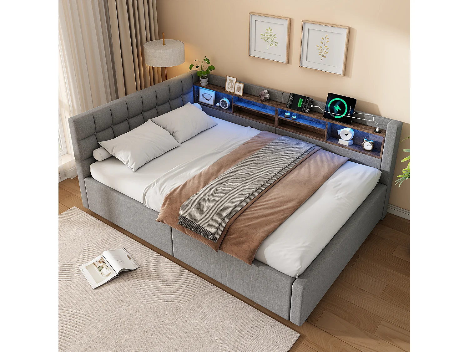 140 x 200 cm storage bed with hydraulic storage compartment, shelves, adjustable LED lighting and USB port - Linen - Grey (Mattress not included)