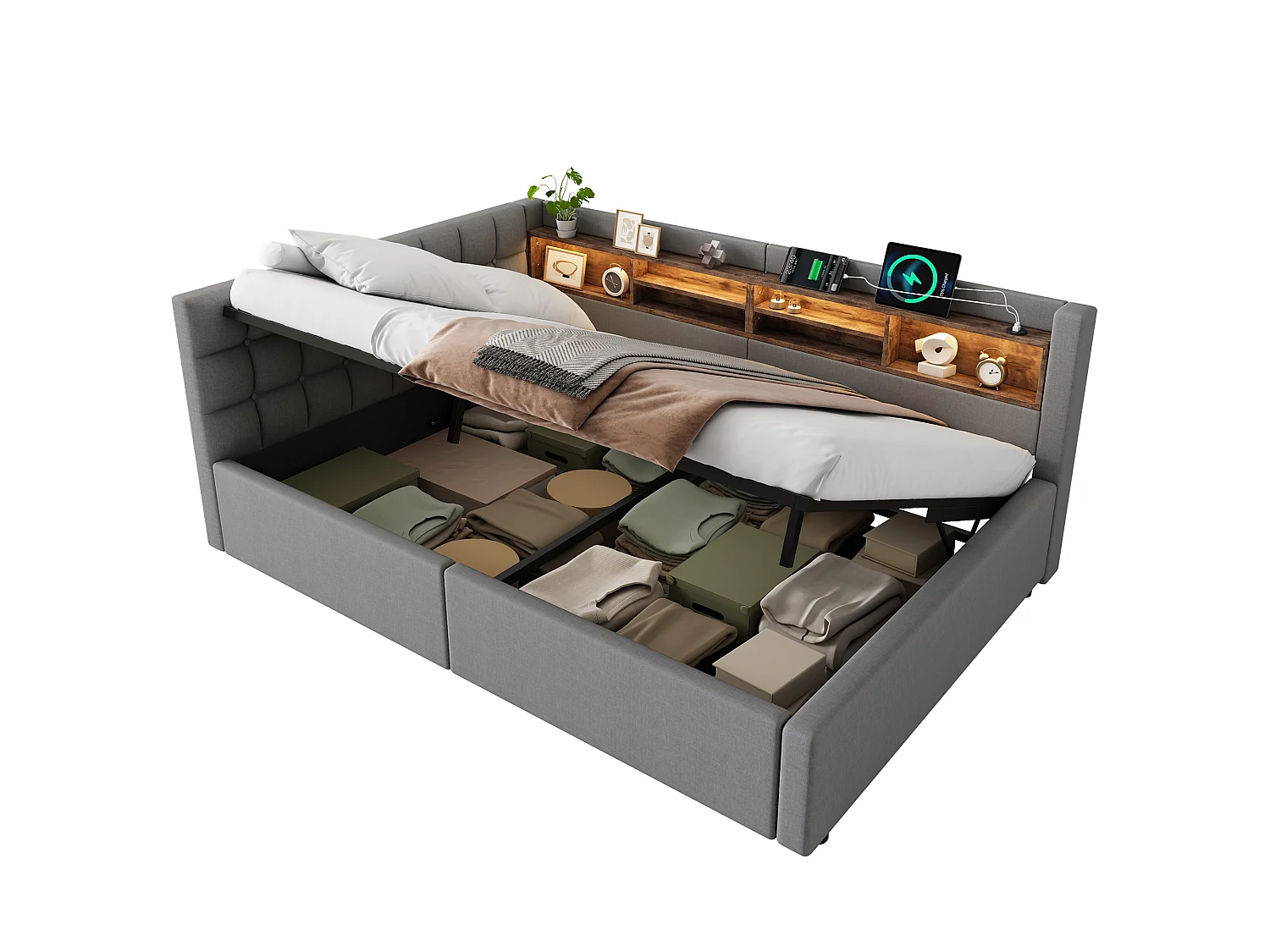 140 x 200 cm storage bed with hydraulic storage compartment, shelves, adjustable LED lighting and USB port - Linen - Grey (Mattress not included)