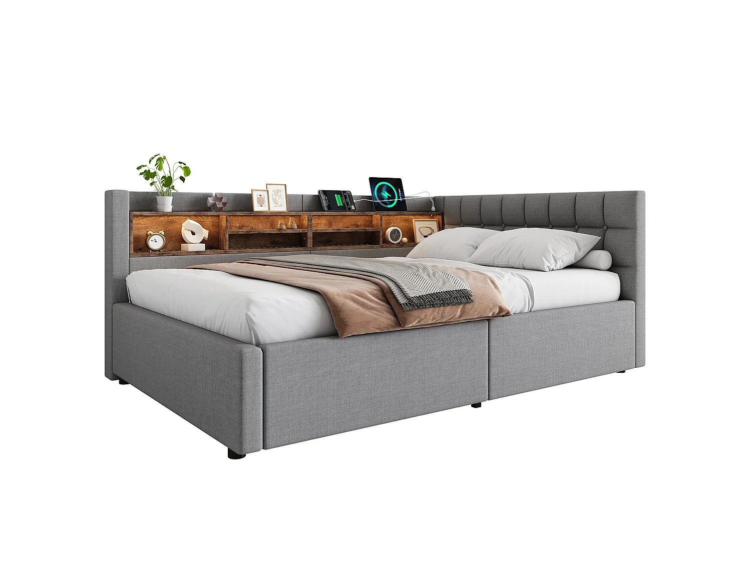 140 x 200 cm storage bed with hydraulic storage compartment, shelves, adjustable LED lighting and USB port - Linen - Grey (Mattress not included)