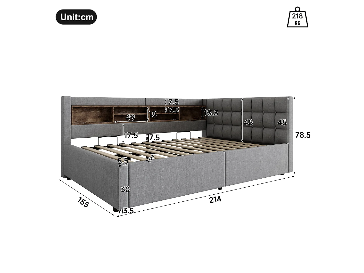 140 x 200 cm storage bed with hydraulic storage compartment, shelves, adjustable LED lighting and USB port - Linen - Grey (Mattress not included)
