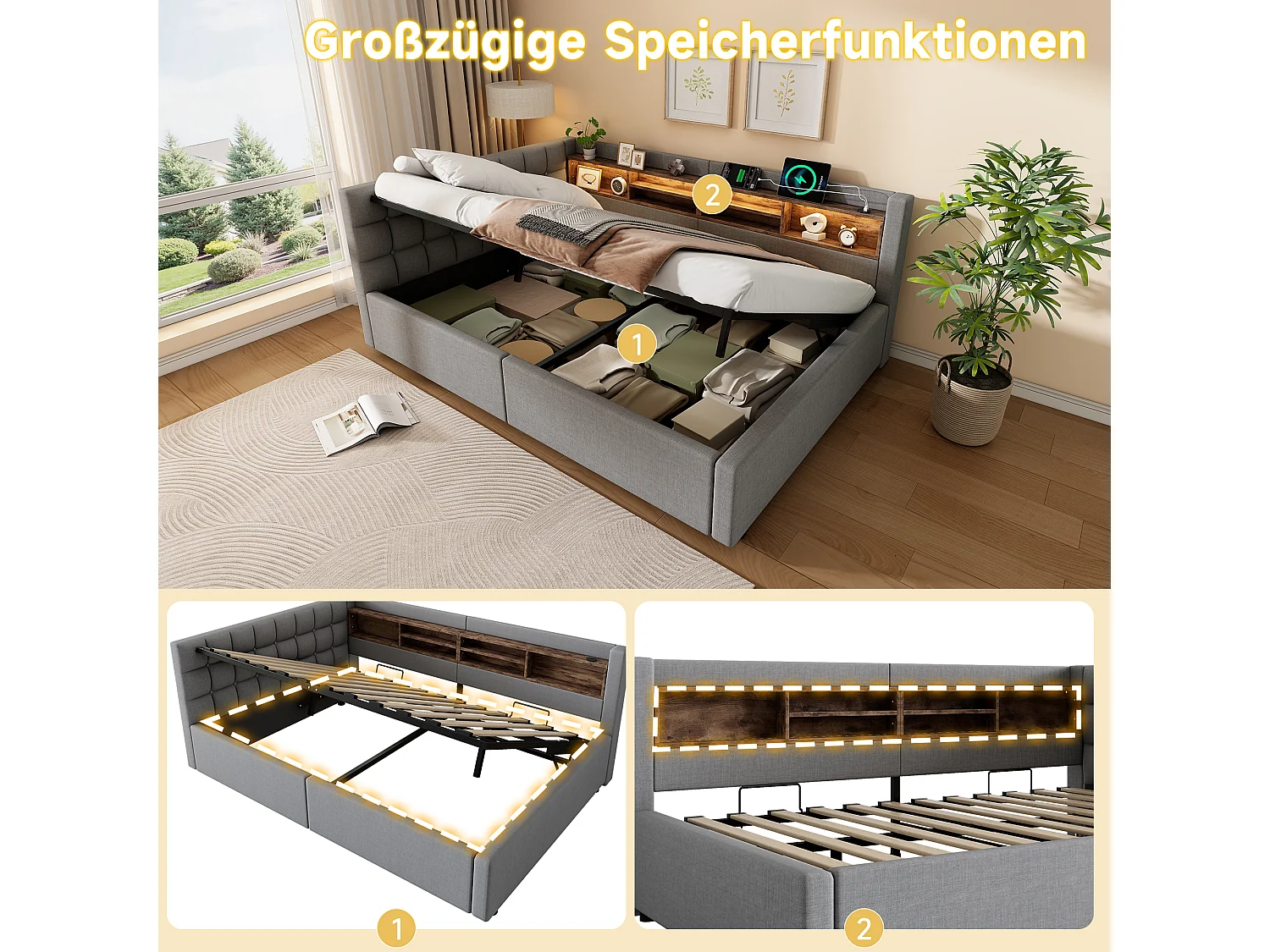 140 x 200 cm storage bed with hydraulic storage compartment, shelves, adjustable LED lighting and USB port - Linen - Grey (Mattress not included)