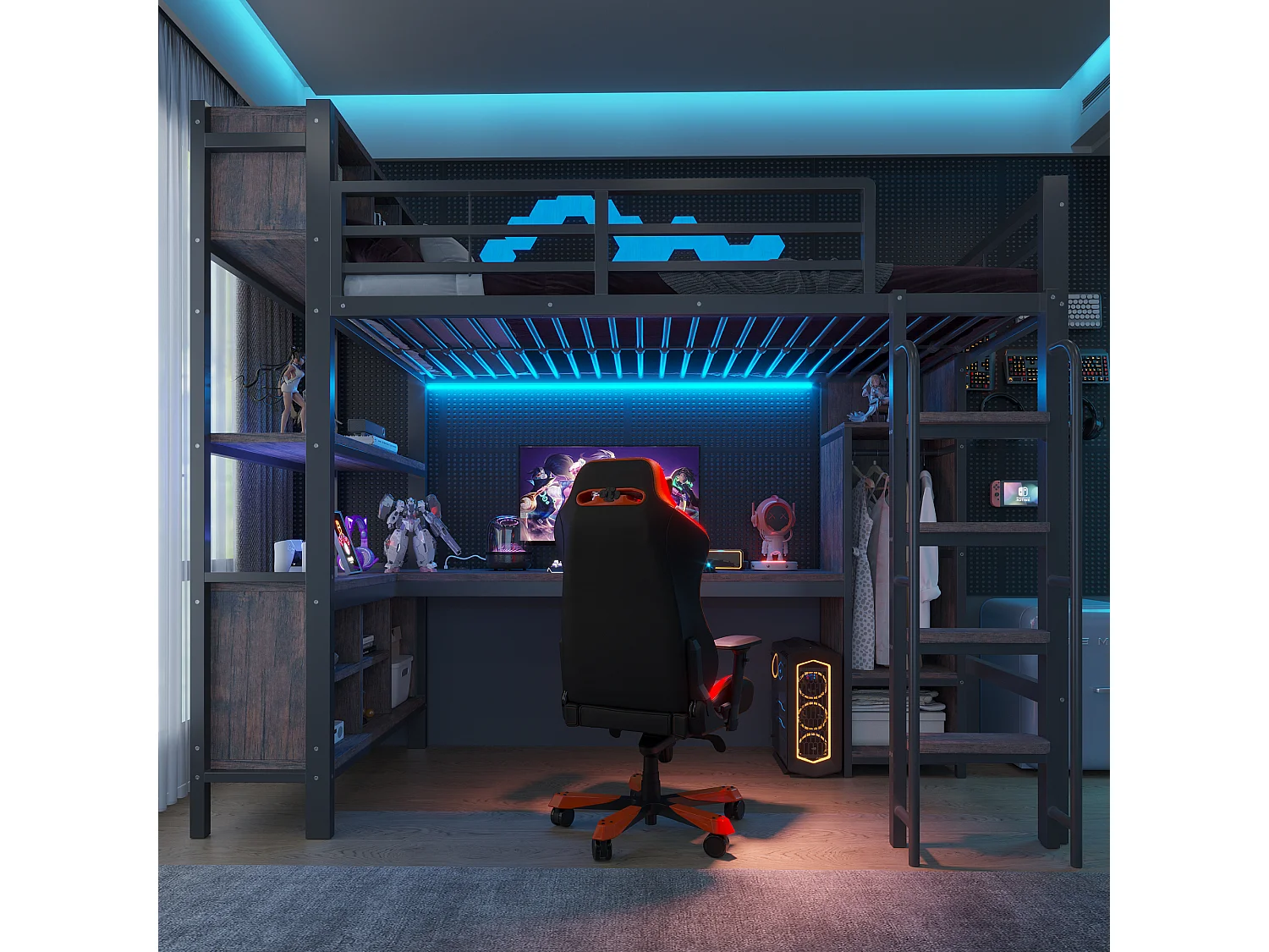 Lit mezzanine 90 x 200 cm avec bureau, penderie, LED, prises électriques et compartiments - Fer + MDF - Noir (Sans matelas)