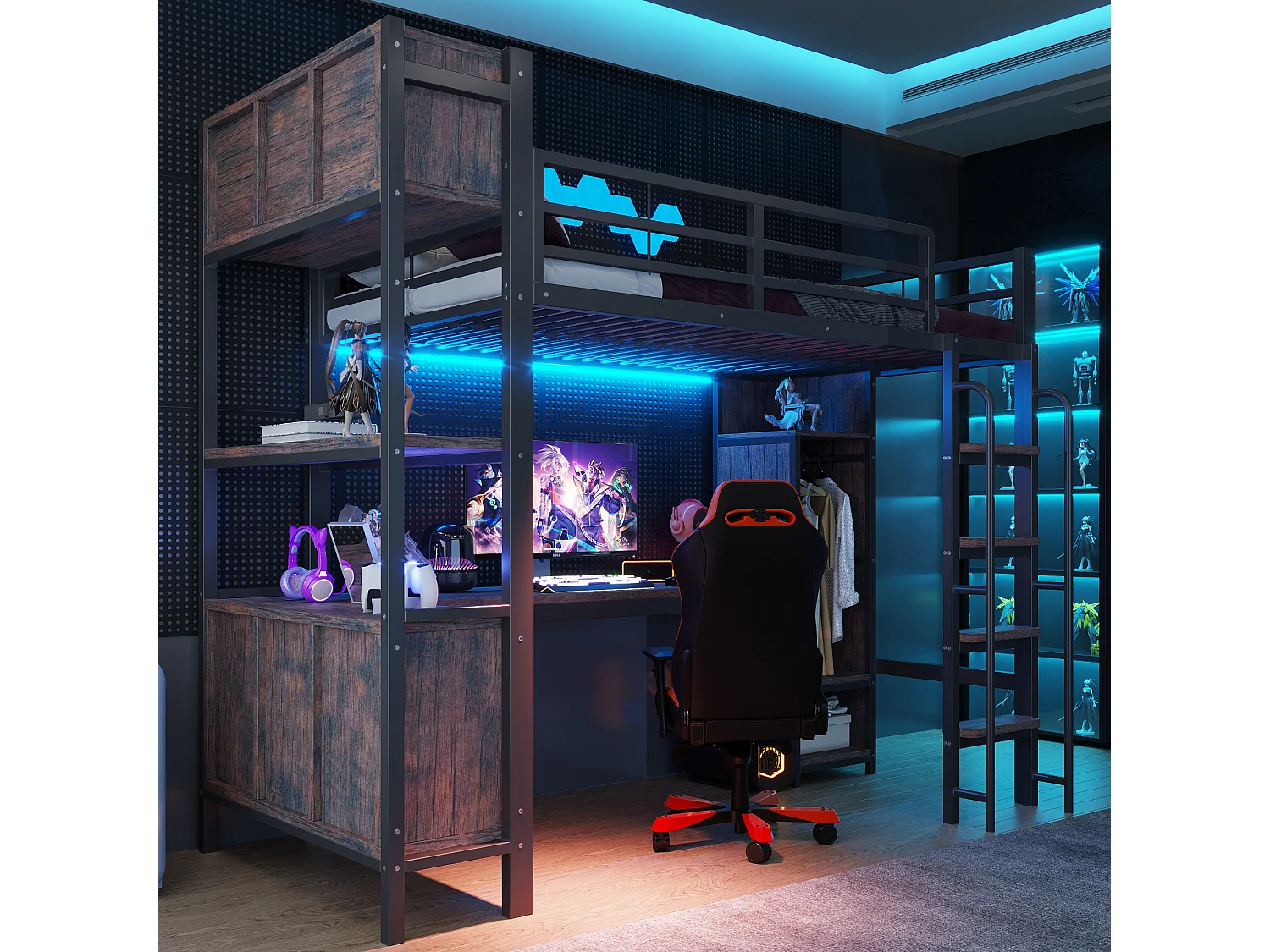 Lit mezzanine 90 x 200 cm avec bureau, penderie, LED, prises électriques et compartiments - Fer + MDF - Noir (Sans matelas)