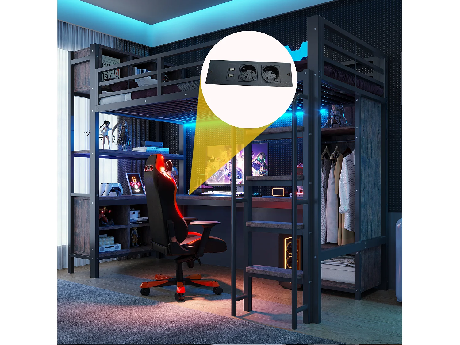 Lit mezzanine 90 x 200 cm avec bureau, penderie, LED, prises électriques et compartiments - Fer + MDF - Noir (Sans matelas)
