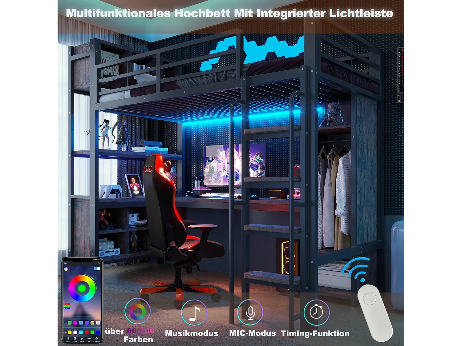 Lit mezzanine 90 x 200 cm avec bureau, penderie, LED, prises électriques et compartiments - Fer + MDF - Noir (Sans matelas)
