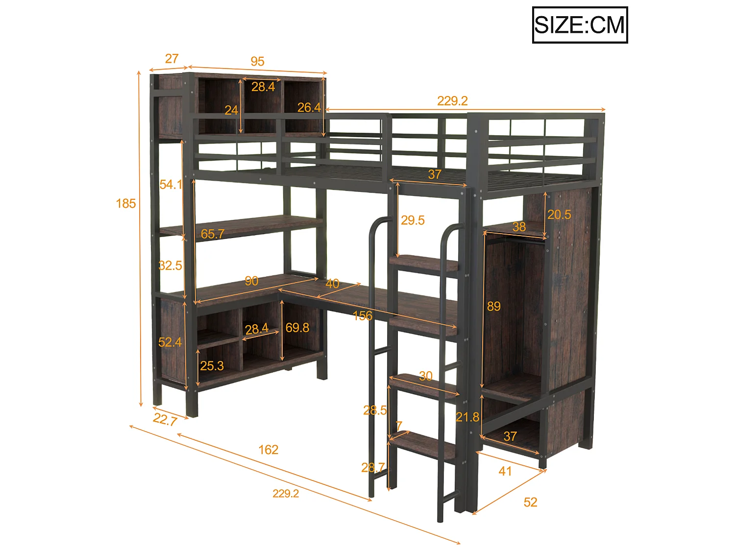 Lit mezzanine 90 x 200 cm avec bureau, penderie, LED, prises électriques et compartiments - Fer + MDF - Noir (Sans matelas)
