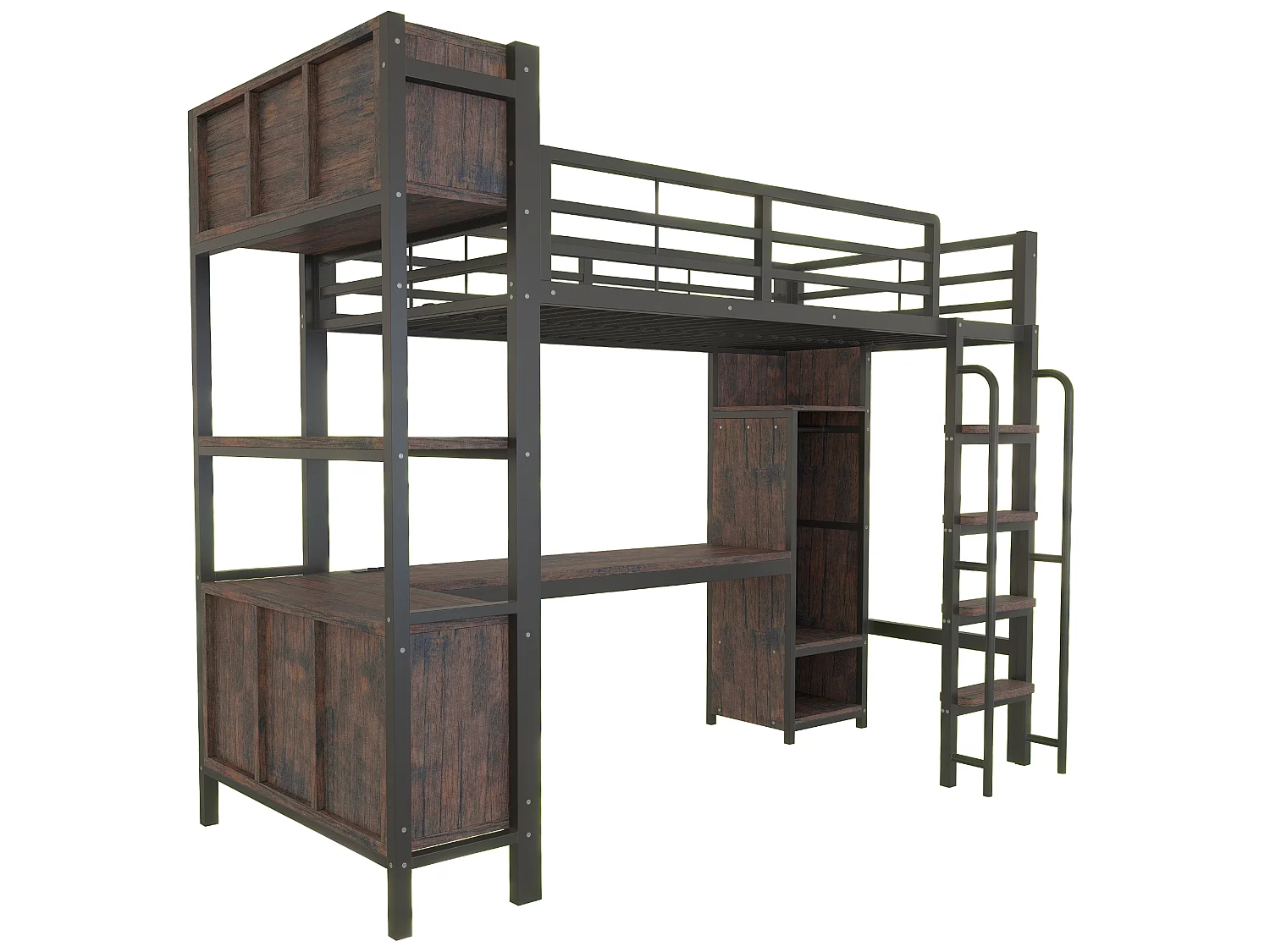 Lit mezzanine 90 x 200 cm avec bureau, penderie, LED, prises électriques et compartiments - Fer + MDF - Noir (Sans matelas)