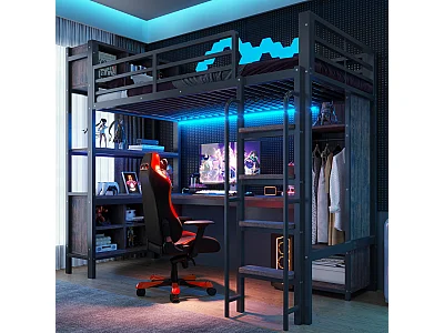 Loft bed 90 x 200 cm with desk, wardrobe, LED lighting, electrical outlets and storage compartments - Iron + MDF - Black (Mattress not included)