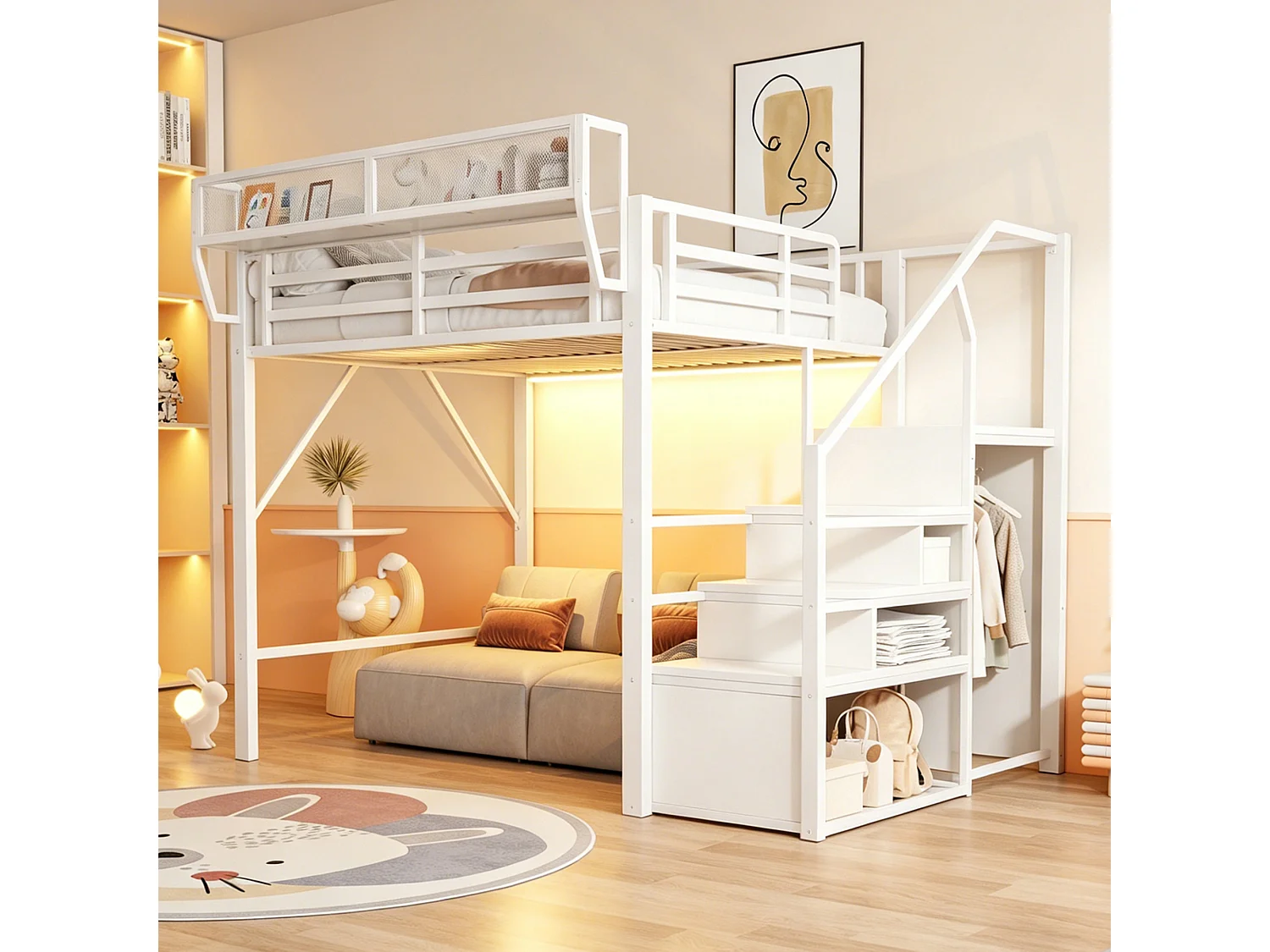 Lit mezzanine 140 x 200 cm avec LED, étagères et penderie ouverte – Structure métal robuste + MDF – Blanc (Sans matelas)