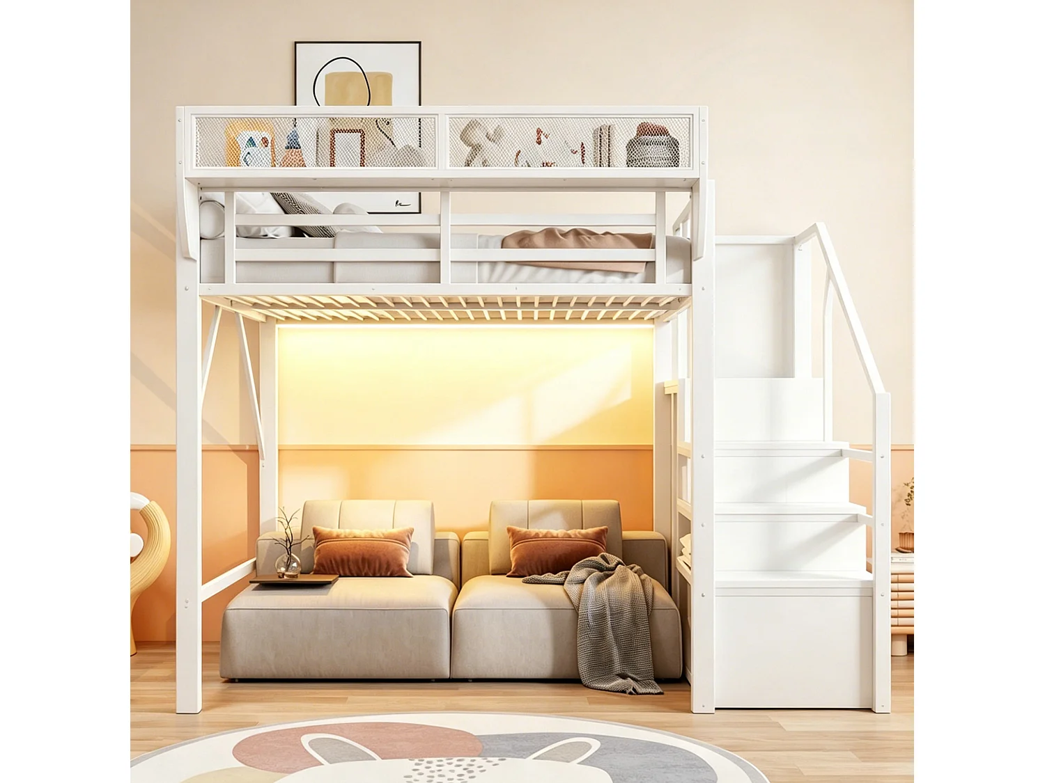 Lit mezzanine 140 x 200 cm avec LED, étagères et penderie ouverte – Structure métal robuste + MDF – Blanc (Sans matelas)