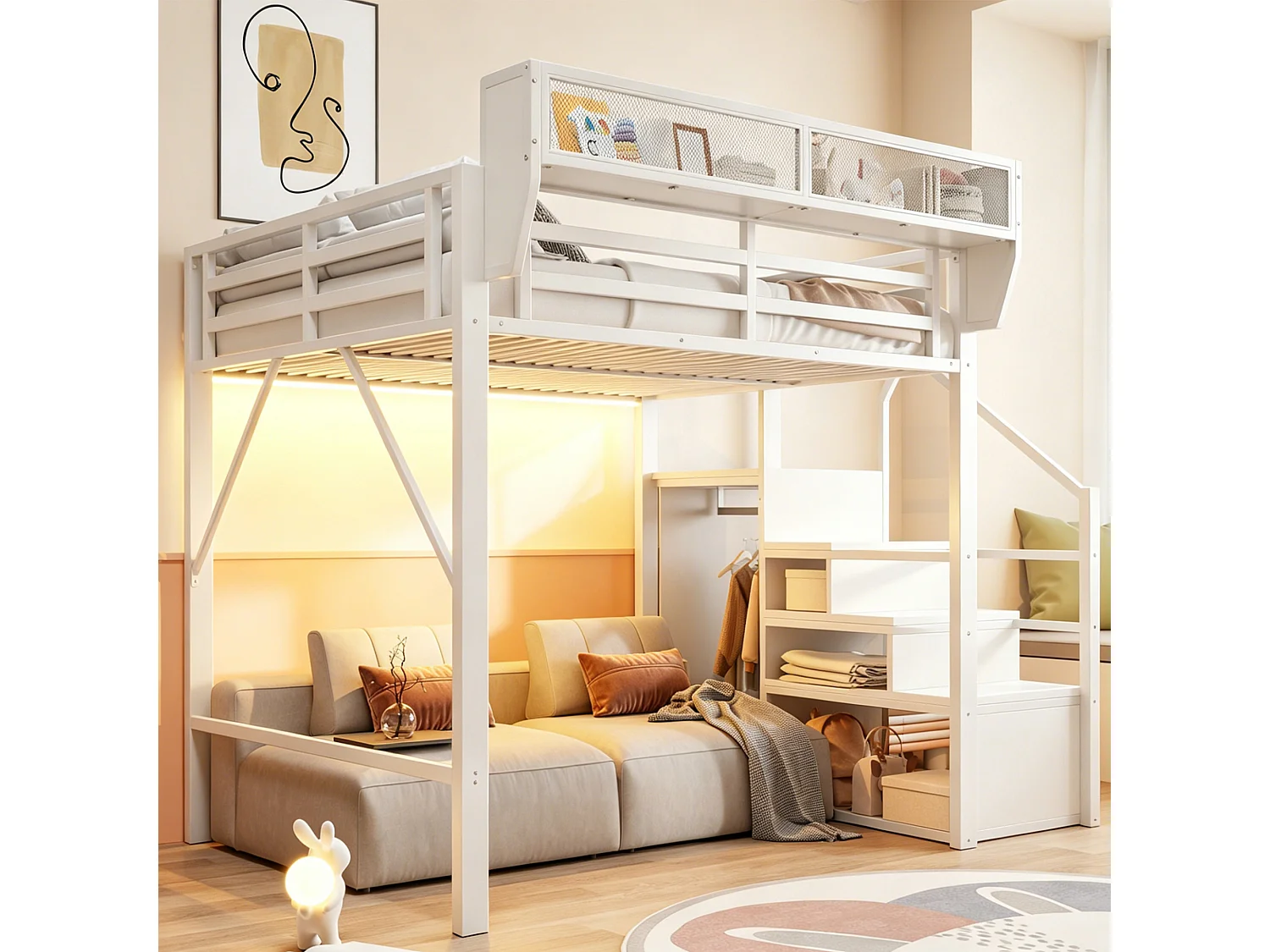 Lit mezzanine 140 x 200 cm avec LED, étagères et penderie ouverte – Structure métal robuste + MDF – Blanc (Sans matelas)