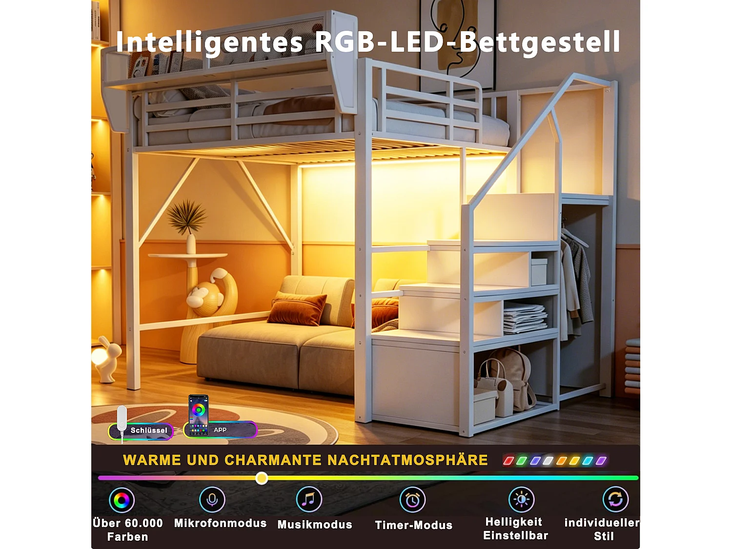 Lit mezzanine 140 x 200 cm avec LED, étagères et penderie ouverte – Structure métal robuste + MDF – Blanc (Sans matelas)