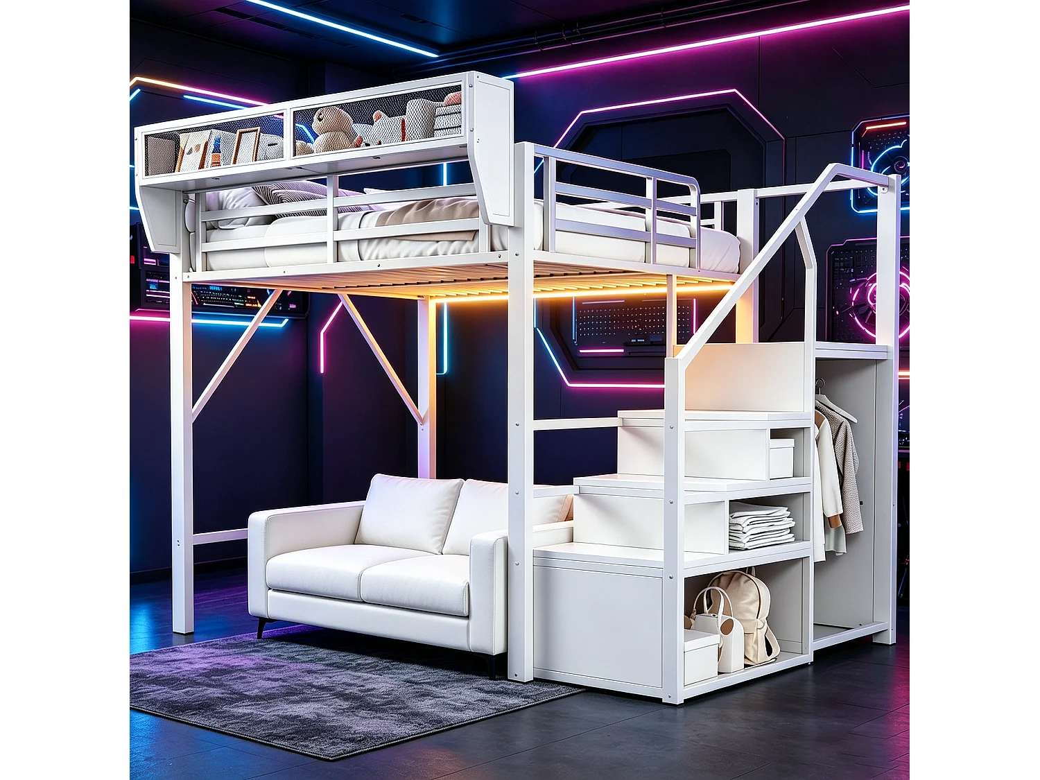 Lit mezzanine 140 x 200 cm avec LED, étagères et penderie ouverte – Structure métal robuste + MDF – Blanc (Sans matelas)