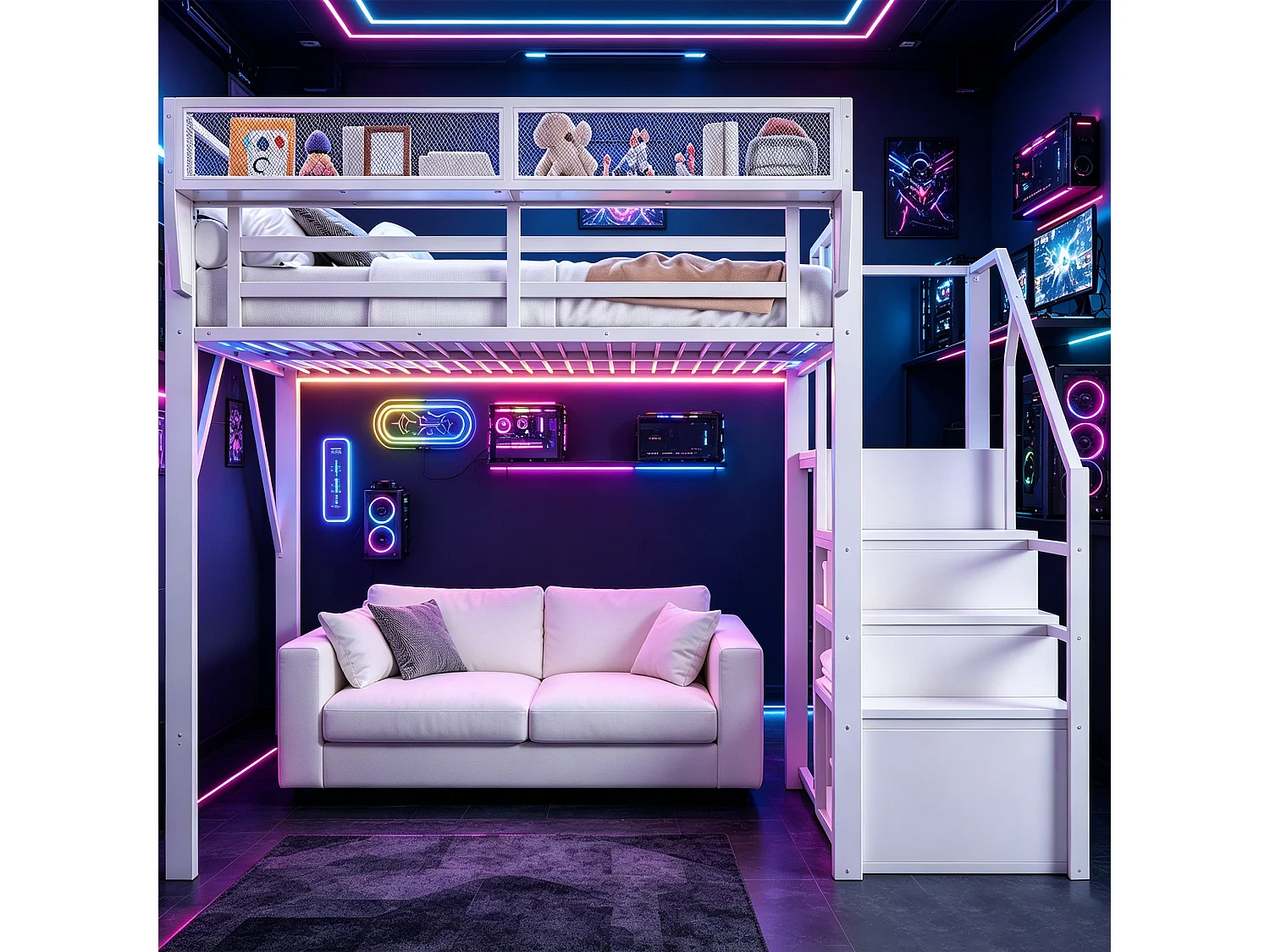 Lit mezzanine 140 x 200 cm avec LED, étagères et penderie ouverte – Structure métal robuste + MDF – Blanc (Sans matelas)