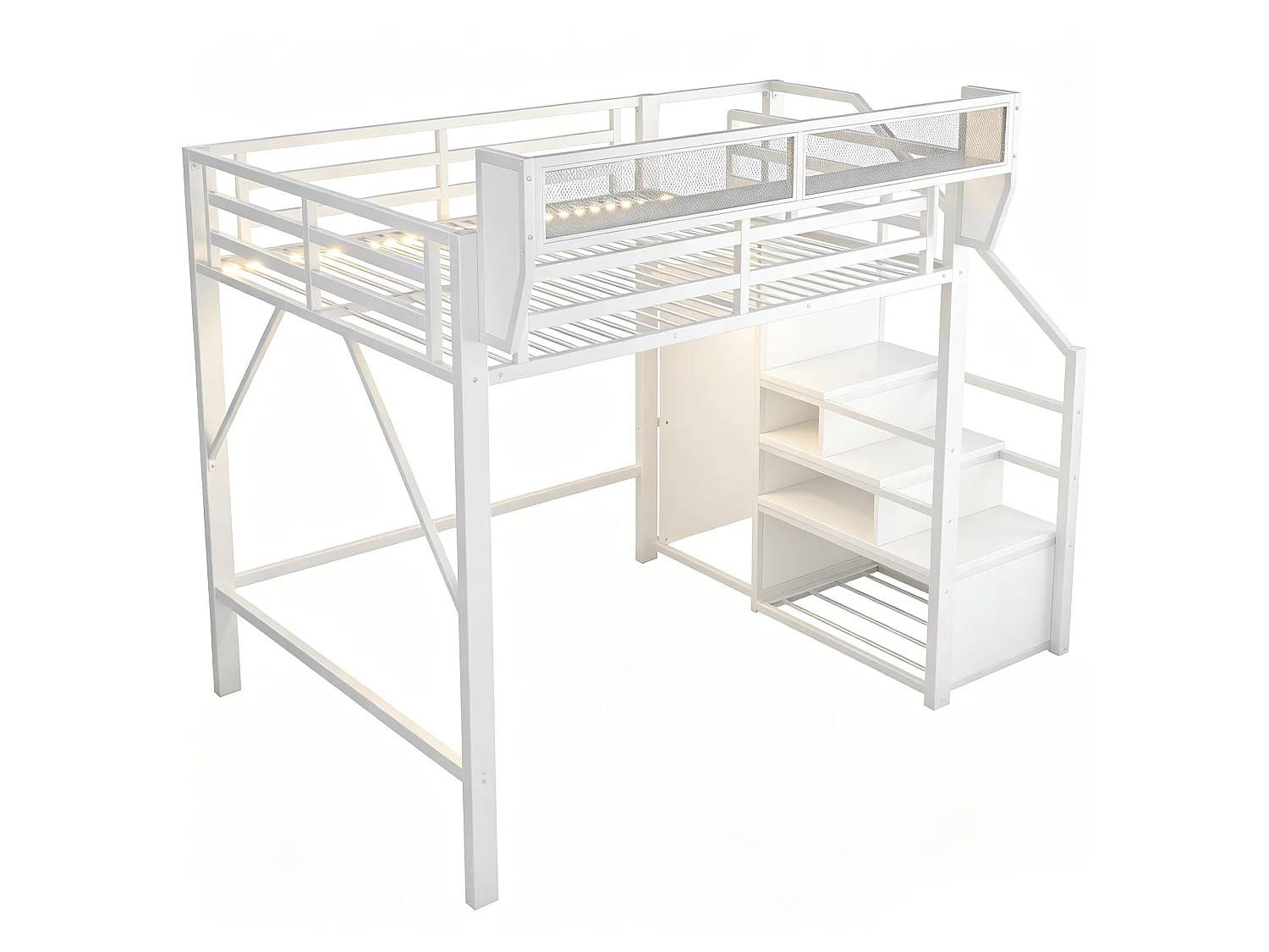 Lit mezzanine 140 x 200 cm avec LED, étagères et penderie ouverte – Structure métal robuste + MDF – Blanc (Sans matelas)