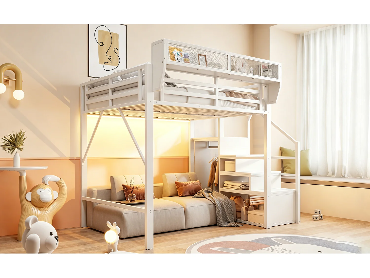 Lit mezzanine 140 x 200 cm avec LED, étagères et penderie ouverte – Structure métal robuste + MDF – Blanc (Sans matelas)