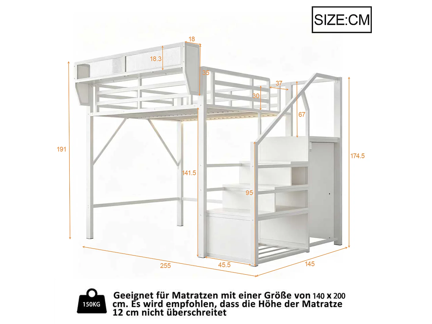 Lit mezzanine 140 x 200 cm avec LED, étagères et penderie ouverte – Structure métal robuste + MDF – Blanc (Sans matelas)