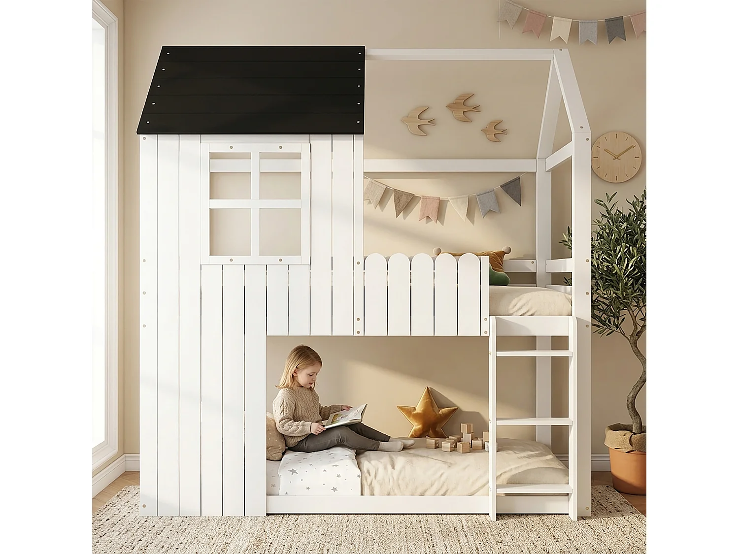 90 x 200 cm loft bed in the shape of a small house with ladder and storage space under the bed – Pine and MDF – White and black (Mattress not included)