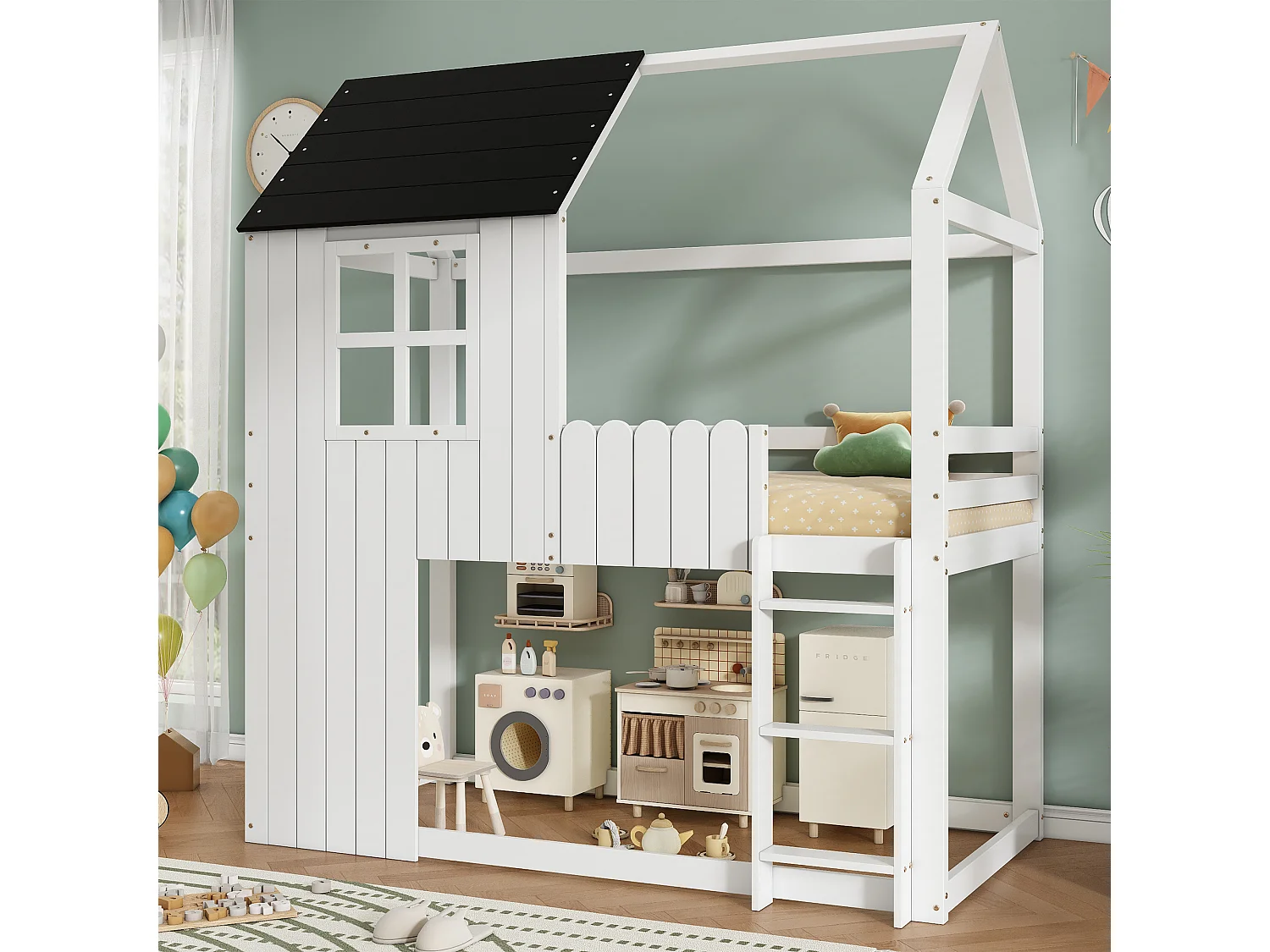 90 x 200 cm loft bed in the shape of a small house with ladder and storage space under the bed – Pine and MDF – White and black (Mattress not included)