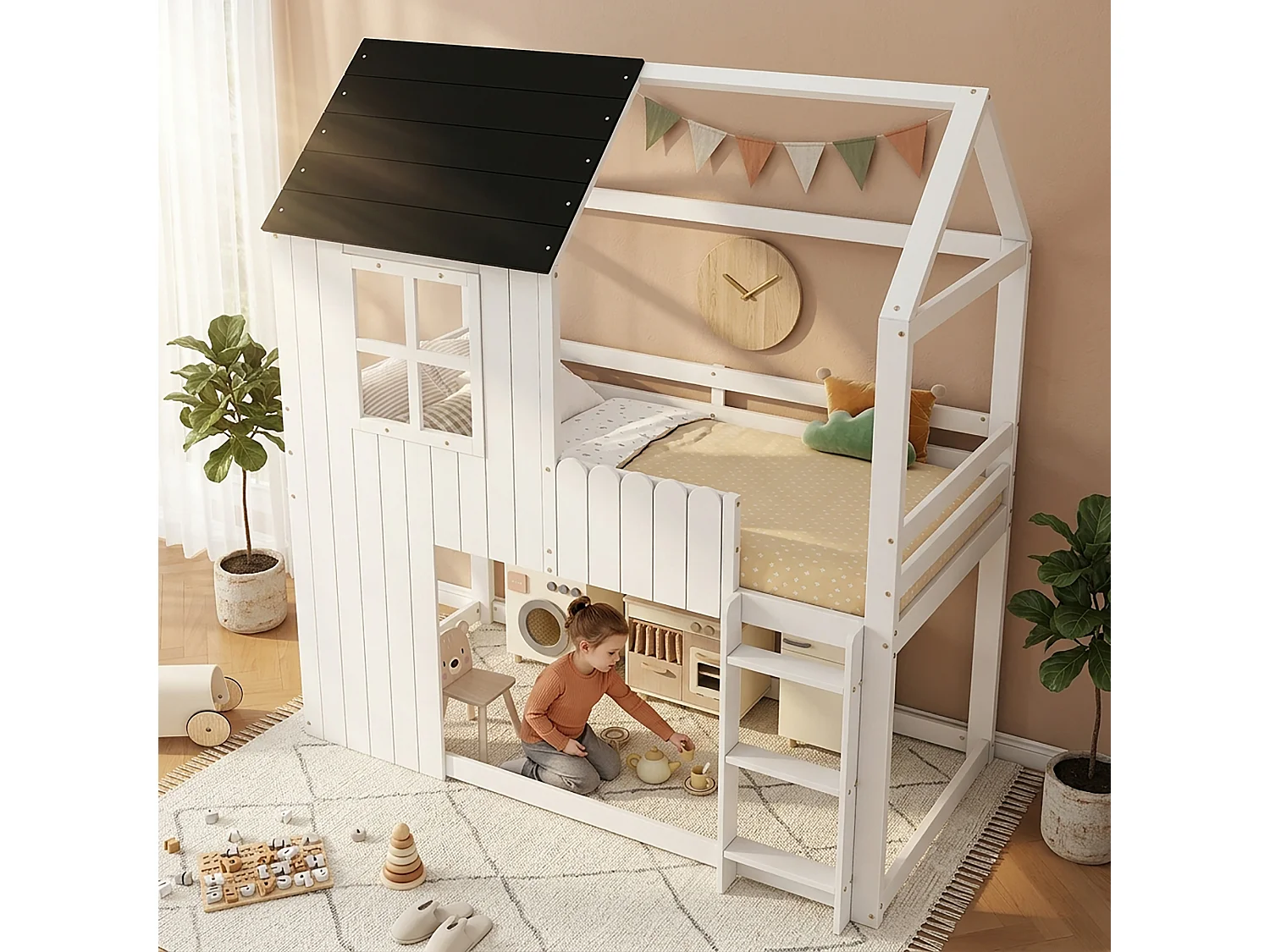 90 x 200 cm loft bed in the shape of a small house with ladder and storage space under the bed – Pine and MDF – White and black (Mattress not included)