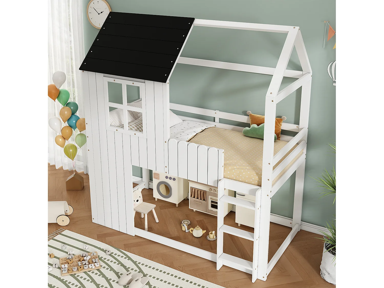 90 x 200 cm loft bed in the shape of a small house with ladder and storage space under the bed – Pine and MDF – White and black (Mattress not included)