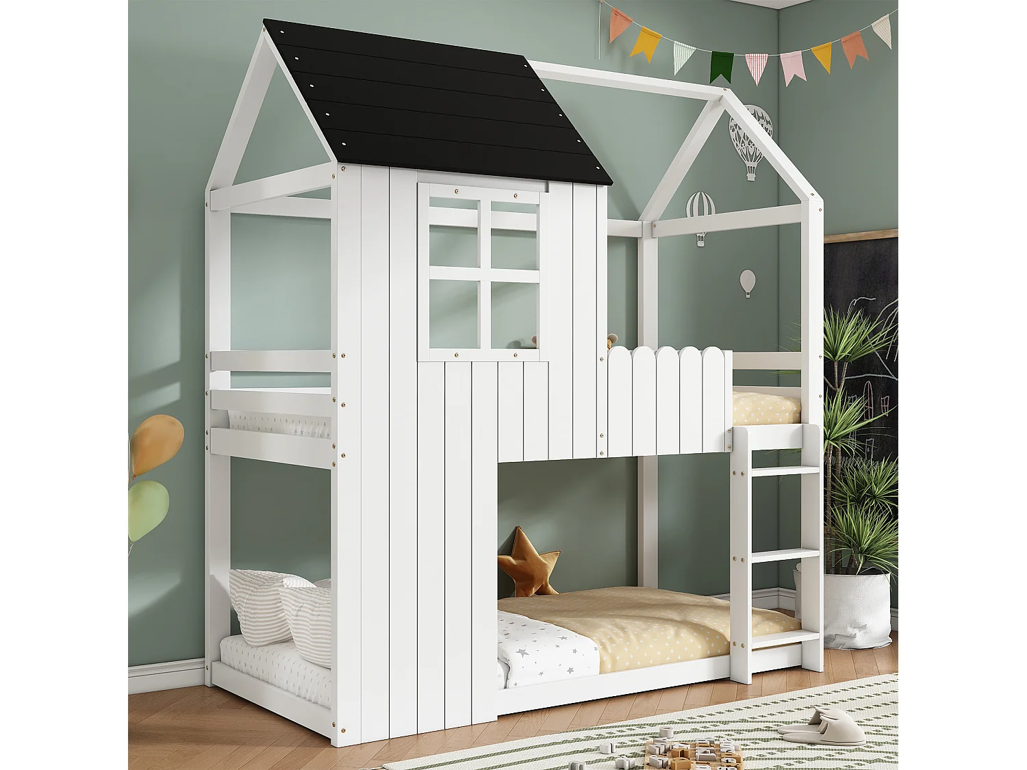 90 x 200 cm loft bed in the shape of a small house with ladder and storage space under the bed – Pine and MDF – White and black (Mattress not included)