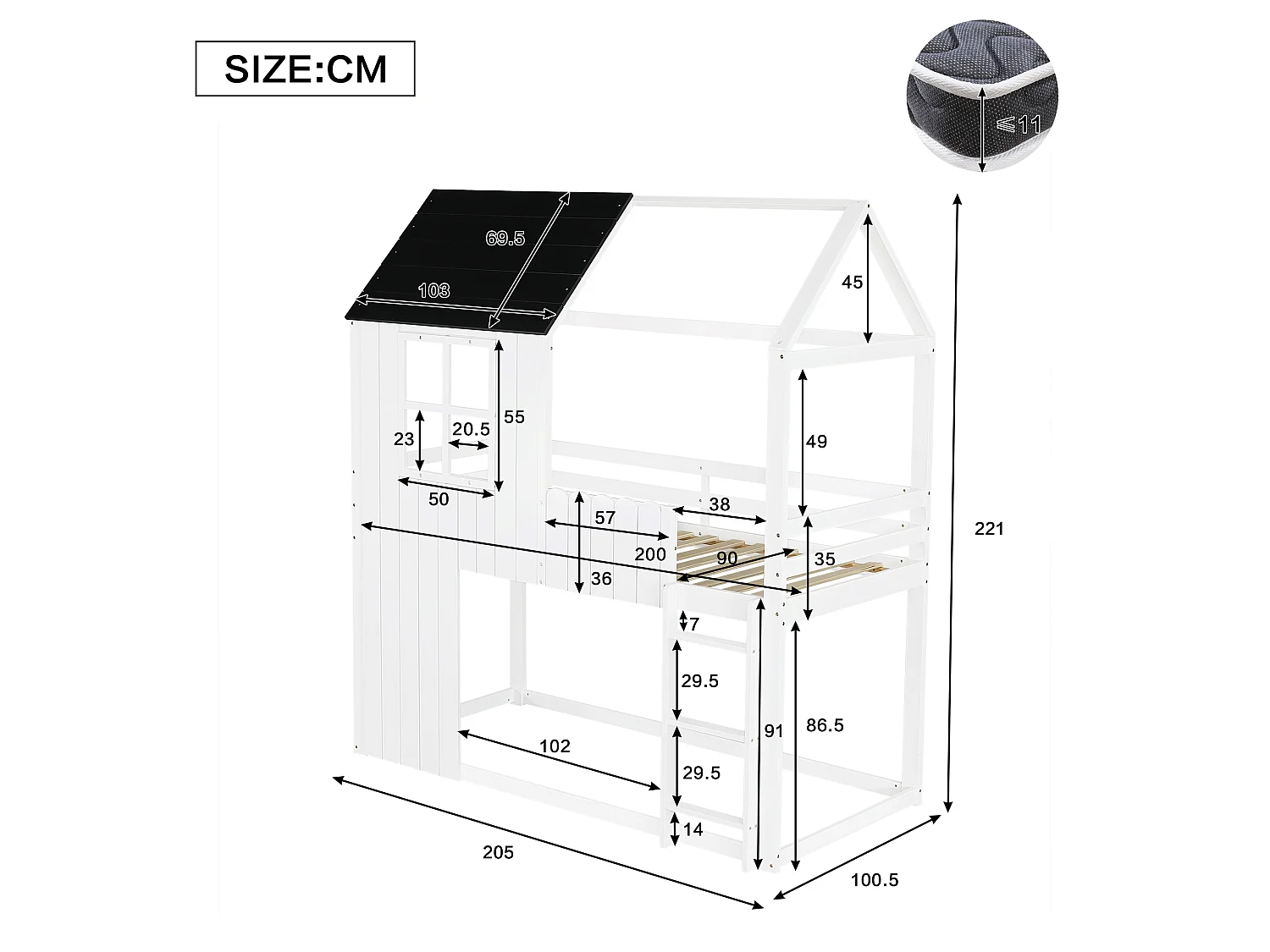 90 x 200 cm loft bed in the shape of a small house with ladder and storage space under the bed – Pine and MDF – White and black (Mattress not included)