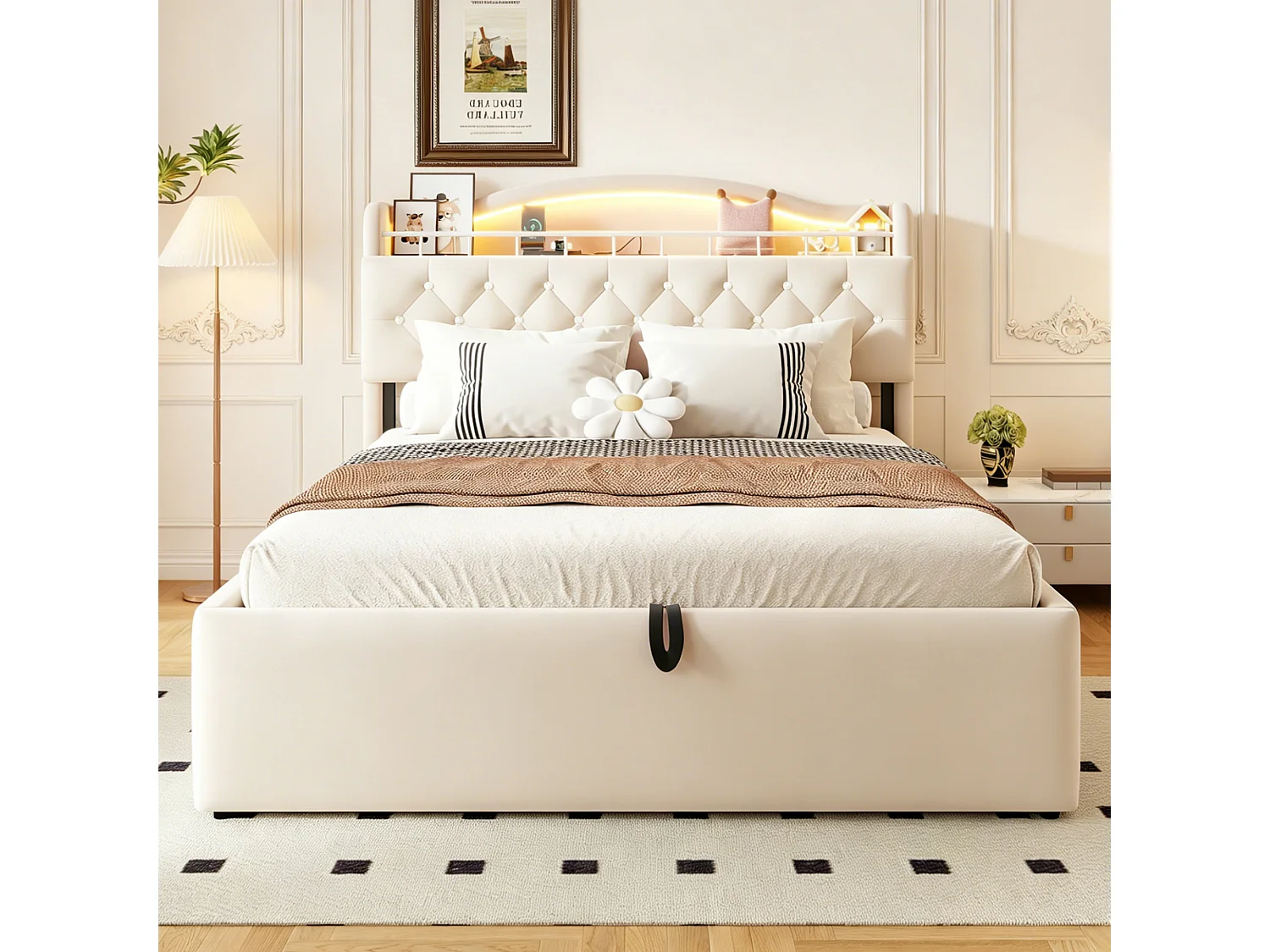 Lit coffre 140 x 200 cm avec tête de lit ouvrante, ports USB & USB-C, LED - Velours + MDF + métal - Beige (Sans matelas)