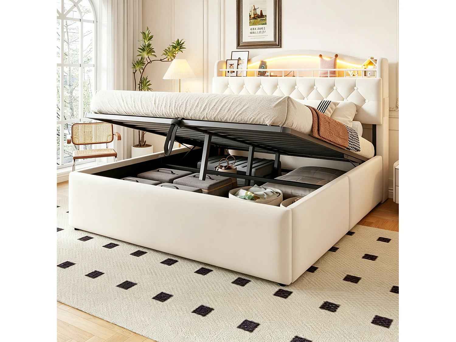 Lit coffre 140 x 200 cm avec tête de lit ouvrante, ports USB & USB-C, LED - Velours + MDF + métal - Beige (Sans matelas)