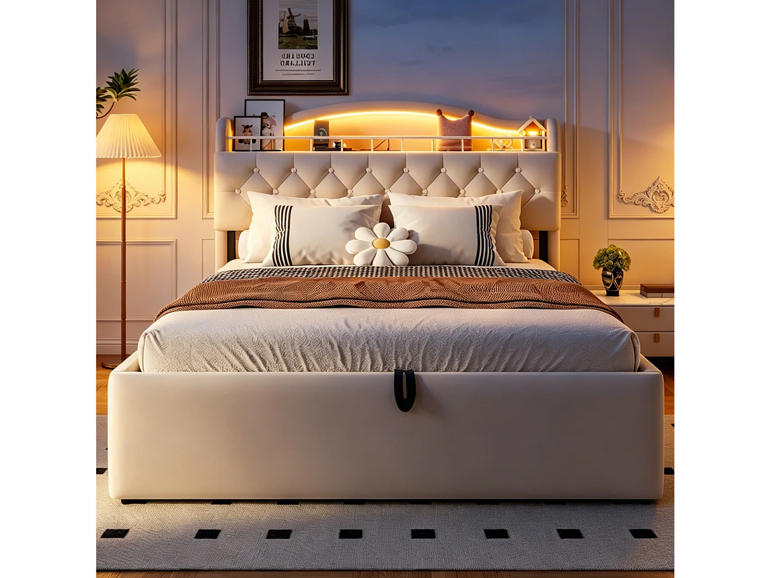 Lit coffre 140 x 200 cm avec tête de lit ouvrante, ports USB & USB-C, LED - Velours + MDF + métal - Beige (Sans matelas)