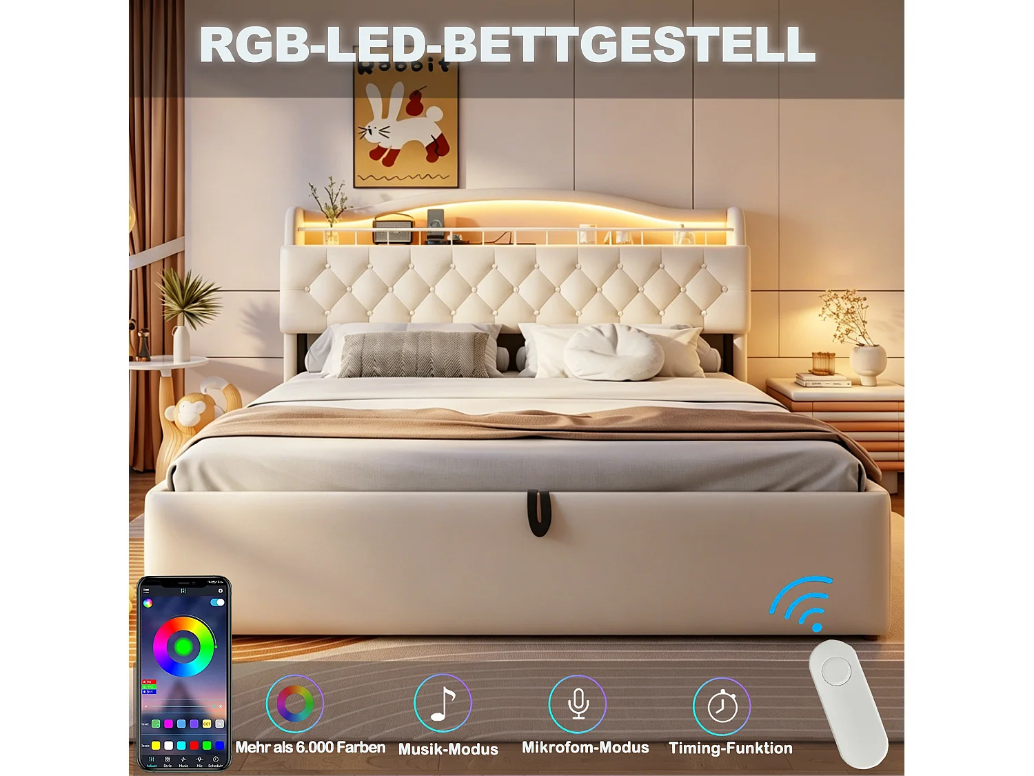 Lit coffre 140 x 200 cm avec tête de lit ouvrante, ports USB & USB-C, LED - Velours + MDF + métal - Beige (Sans matelas)