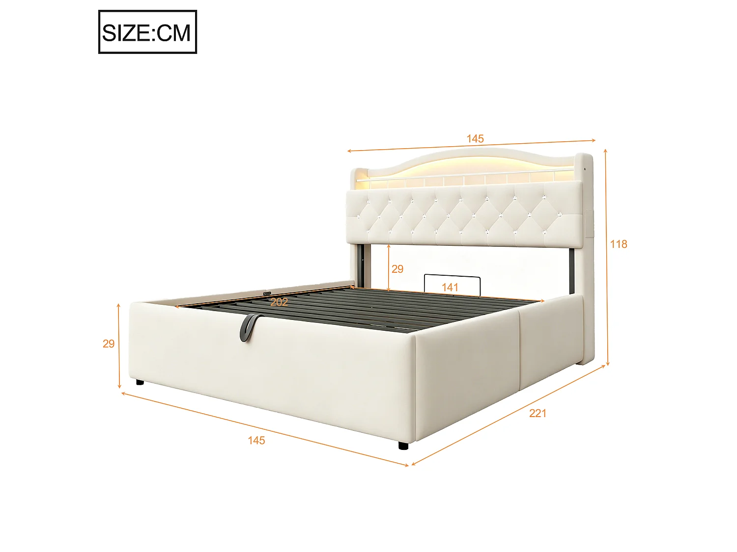 Lit coffre 140 x 200 cm avec tête de lit ouvrante, ports USB & USB-C, LED - Velours + MDF + métal - Beige (Sans matelas)