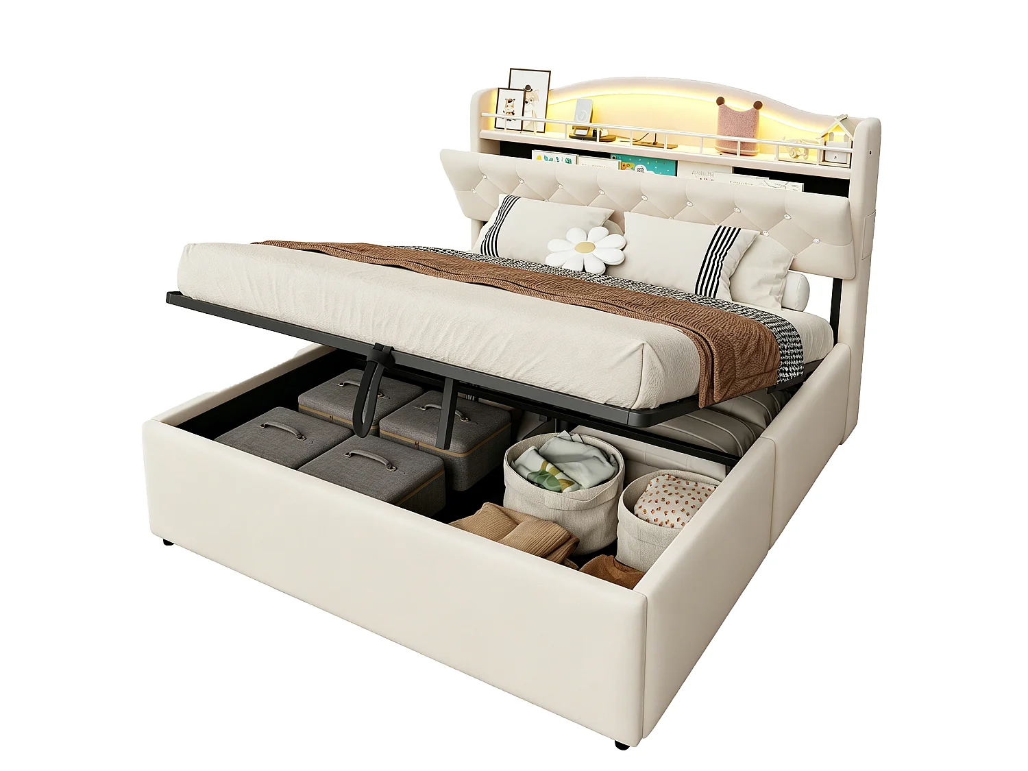 Lit coffre 140 x 200 cm avec tête de lit ouvrante, ports USB & USB-C, LED - Velours + MDF + métal - Beige (Sans matelas)