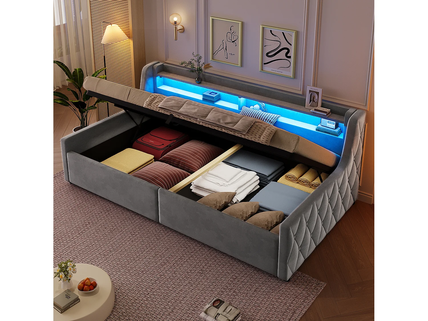 90 x 200 cm storage bed with LED headboard - Flannel and MDF - Grey (mattress not included)