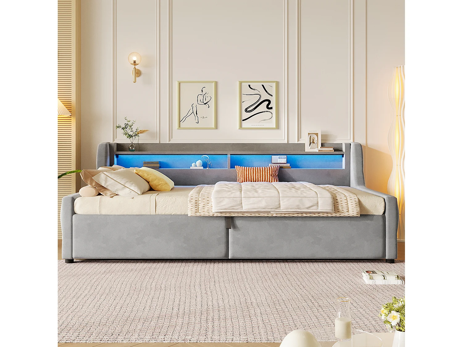 90 x 200 cm storage bed with LED headboard - Flannel and MDF - Grey (mattress not included)