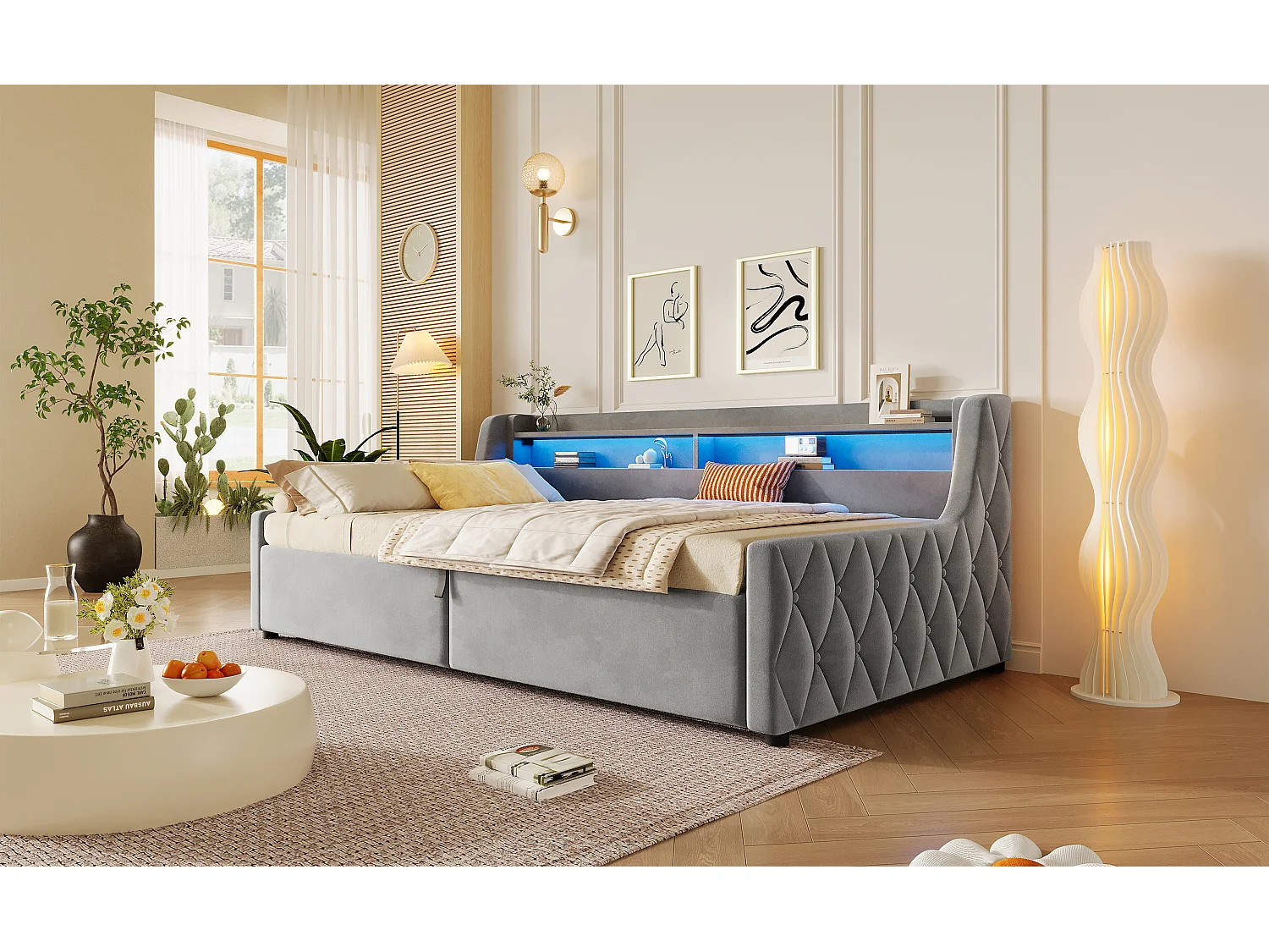 90 x 200 cm storage bed with LED headboard - Flannel and MDF - Grey (mattress not included)