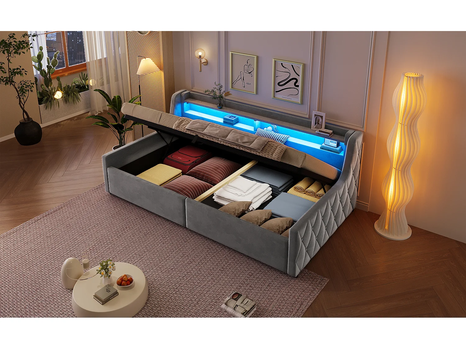 90 x 200 cm storage bed with LED headboard - Flannel and MDF - Grey (mattress not included)