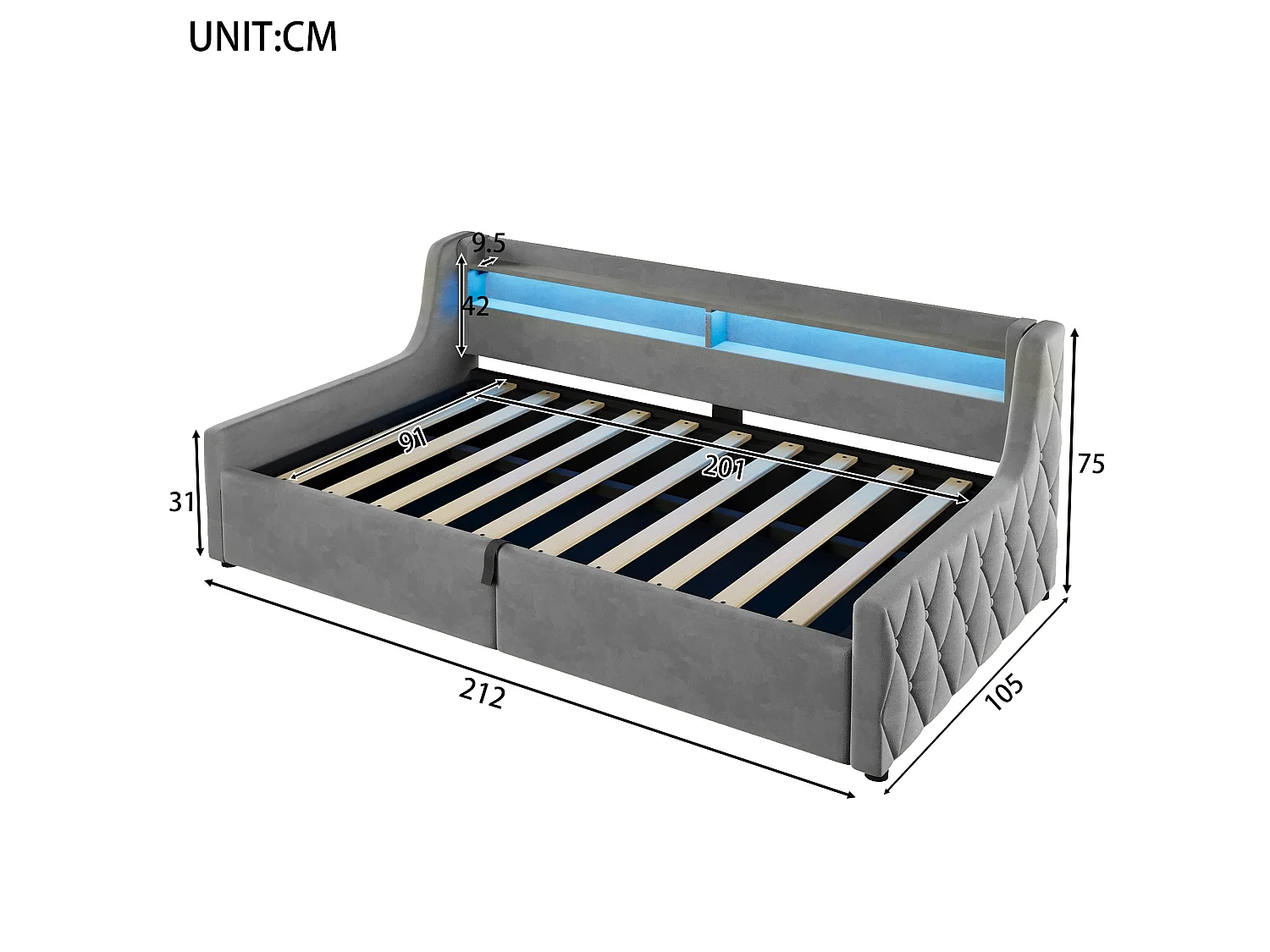 90 x 200 cm storage bed with LED headboard - Flannel and MDF - Grey (mattress not included)